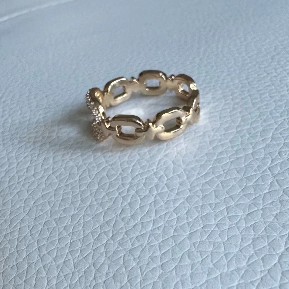 Gold Tone and Rhinestone Chain Link Hollow Adjustable Ring New